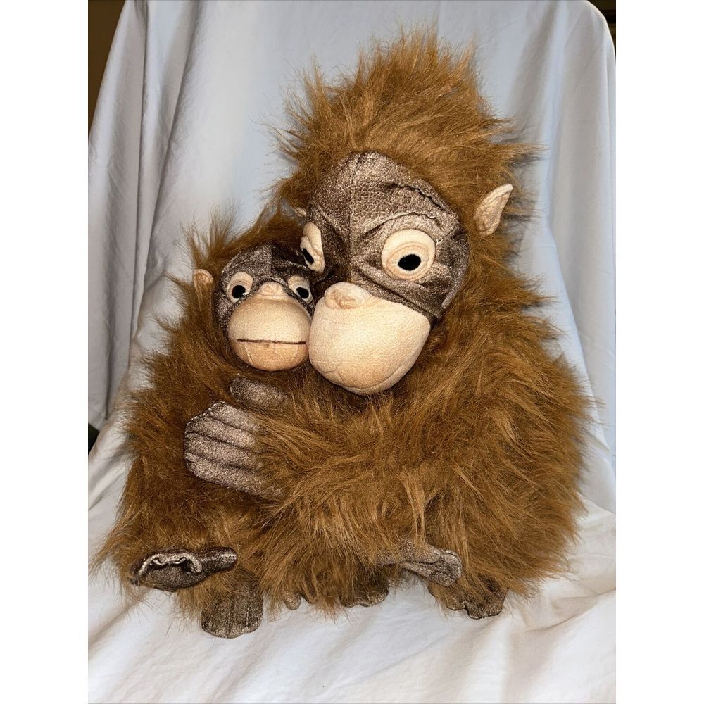 ANIMAL PLANET BROWN MONKEY APE GORILLA MOM BABY STUFFED PLUSH TOY 16"
